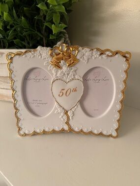 50th Golden Anniversary Gold Trim White Picture Frame- Holds Two Cherished Photo